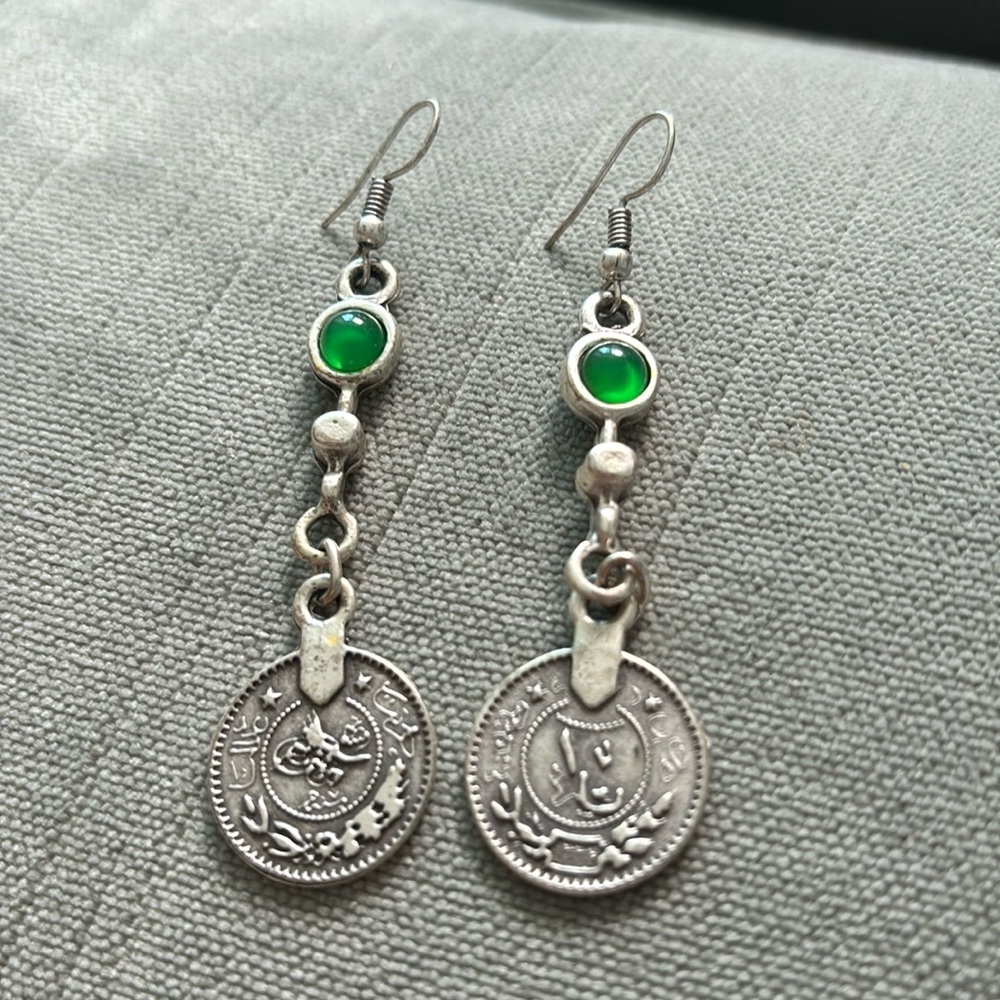 Chic Silver and Green Coin Earrings